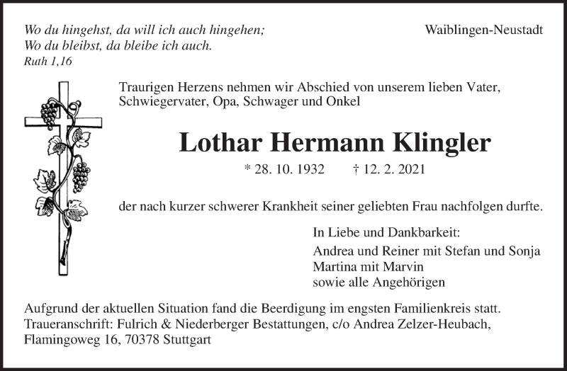 Traueranzeige für Lothar Hermann Klingler vom 22.02.2021 aus Waiblinger Kreiszeitung
