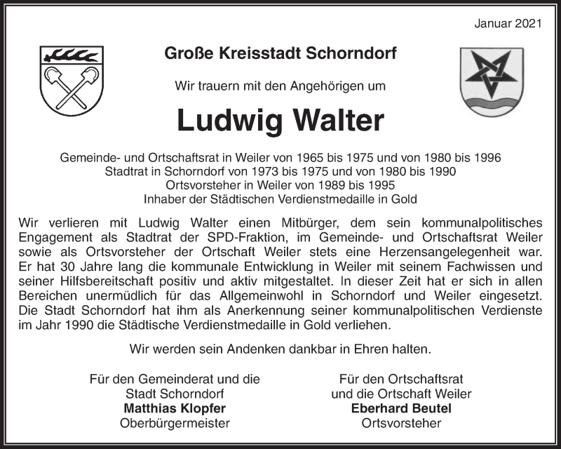  Traueranzeige für Ludwig Walter vom 04.02.2021 aus Waiblinger Kreiszeitung