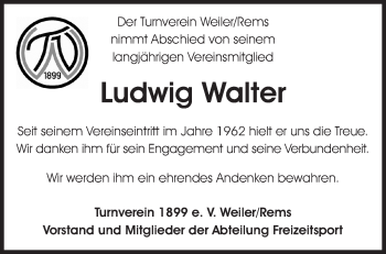 Traueranzeige von Ludwig Walter von Waiblinger Kreiszeitung