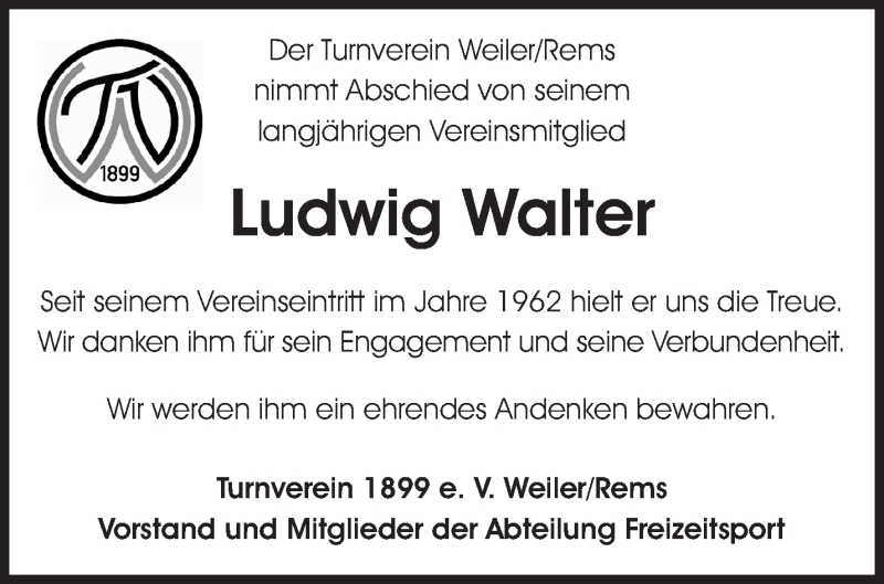  Traueranzeige für Ludwig Walter vom 04.02.2021 aus Waiblinger Kreiszeitung