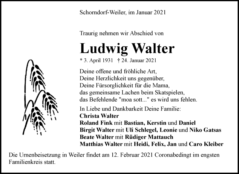  Traueranzeige für Ludwig Walter vom 04.02.2021 aus Waiblinger Kreiszeitung