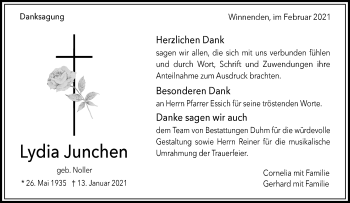 Traueranzeige von Lydia Junchen von Waiblinger Kreiszeitung