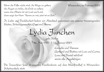 Traueranzeige von Lydia Junchen von Waiblinger Kreiszeitung