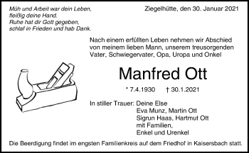 Traueranzeige von Manfred Ott von Waiblinger Kreiszeitung