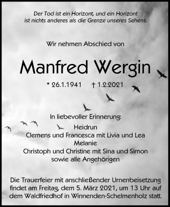 Traueranzeige von Manfred Wergin von Waiblinger Kreiszeitung