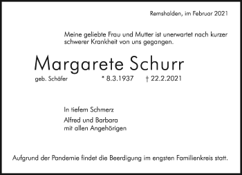 Traueranzeige von Margarete Schurr von Waiblinger Kreiszeitung