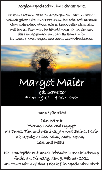 Traueranzeige von Margot Schweizer-Maier von Waiblinger Kreiszeitung
