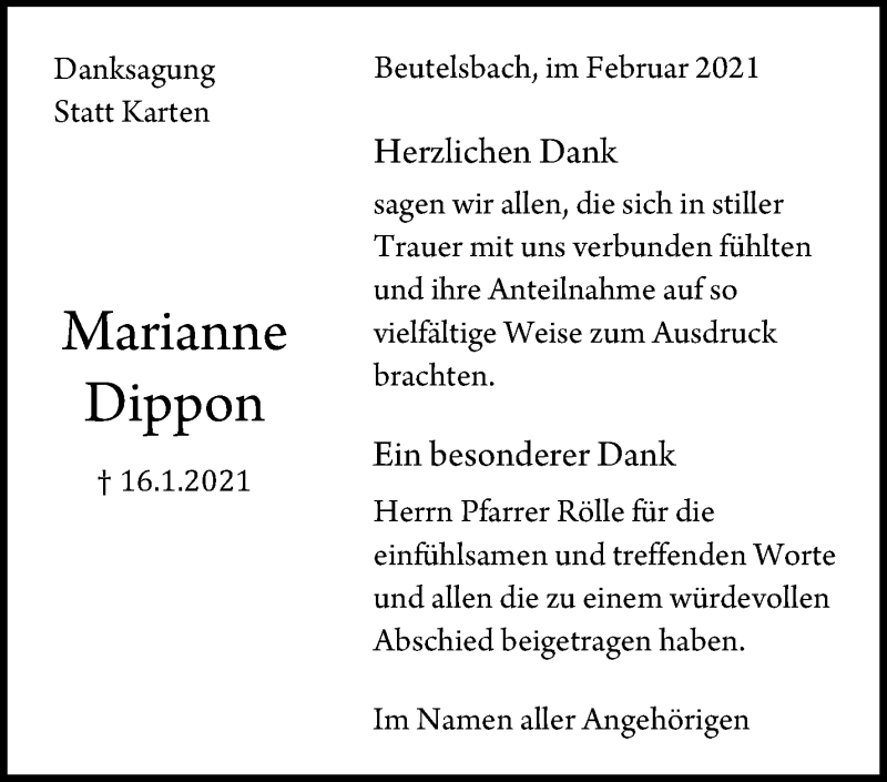  Traueranzeige für Marianne Dippon vom 03.02.2021 aus Waiblinger Kreiszeitung