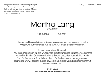 Traueranzeige von Martha Lang von Waiblinger Kreiszeitung