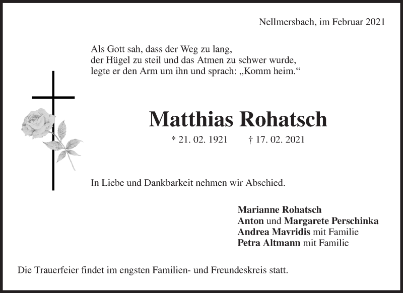 Traueranzeige für Matthias Rohatsch vom 25.02.2021 aus Waiblinger Kreiszeitung
