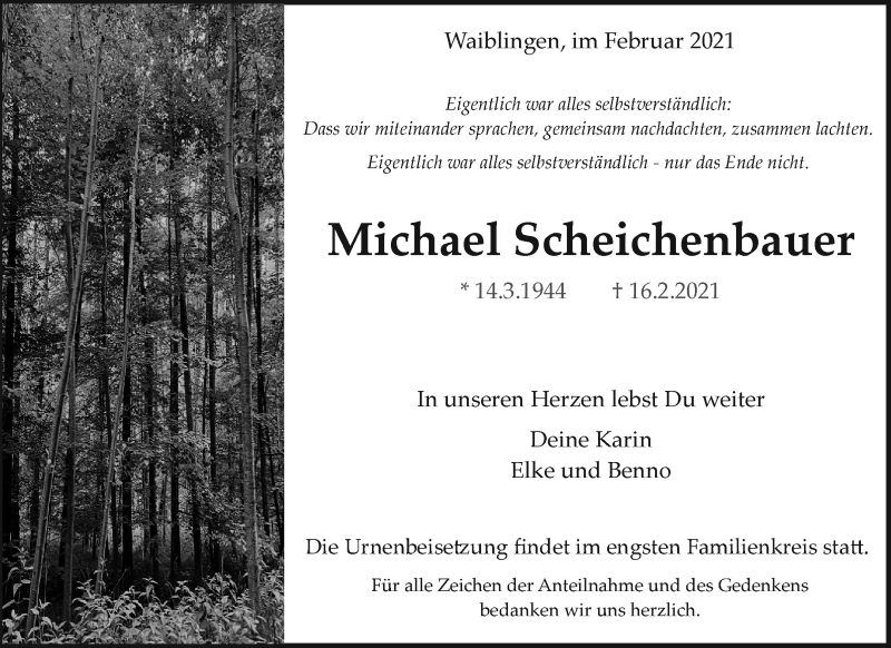  Traueranzeige für Michael Scheichenbauer vom 20.02.2021 aus Waiblinger Kreiszeitung