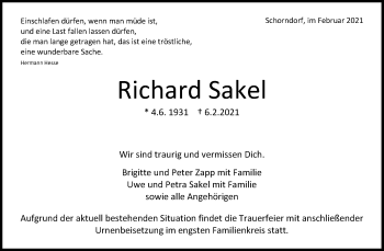 Traueranzeige von Richard Sakel von Waiblinger Kreiszeitung