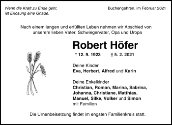 Traueranzeige von Robert Höfer von Waiblinger Kreiszeitung