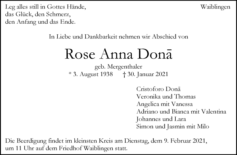  Traueranzeige für Rose Anna Dona vom 03.02.2021 aus Waiblinger Kreiszeitung