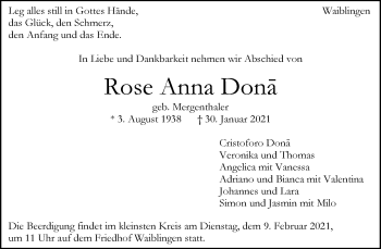 Traueranzeige von Rose Anna Dona von Waiblinger Kreiszeitung