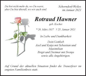 Traueranzeige von Rotraud Hawner von Waiblinger Kreiszeitung