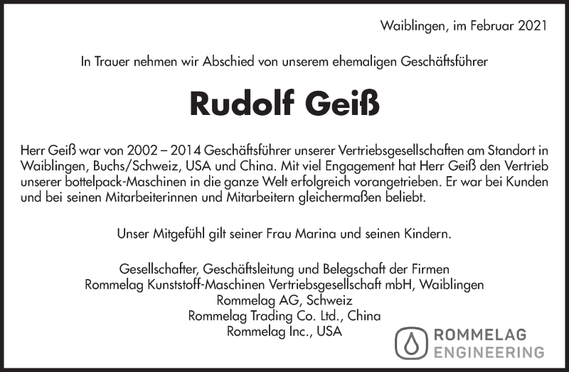  Traueranzeige für Rudolf Geiß vom 23.02.2021 aus Waiblinger Kreiszeitung