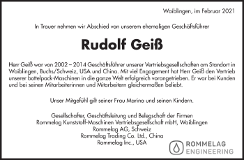 Traueranzeige von Rudolf Geiß von Waiblinger Kreiszeitung