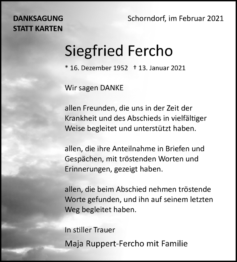  Traueranzeige für Siegfried Fercho vom 06.02.2021 aus Waiblinger Kreiszeitung