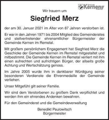 Traueranzeige von Siegfried Merz von Waiblinger Kreiszeitung