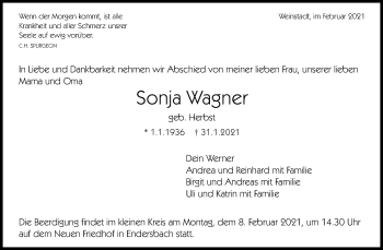 Traueranzeige von Sonja Wagner von Waiblinger Kreiszeitung