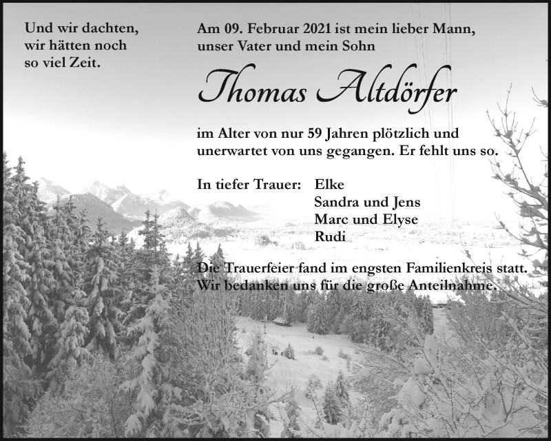  Traueranzeige für Thomas Altdörfer vom 27.02.2021 aus Waiblinger Kreiszeitung