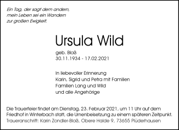 Traueranzeige von Ursula Wild von Waiblinger Kreiszeitung