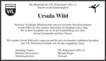 Traueranzeige von Ursula Wild von Waiblinger Kreiszeitung
