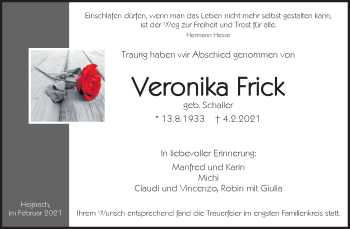 Traueranzeige von Veronika Frick von Waiblinger Kreiszeitung