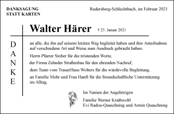 Traueranzeige von Walter Härer von Waiblinger Kreiszeitung
