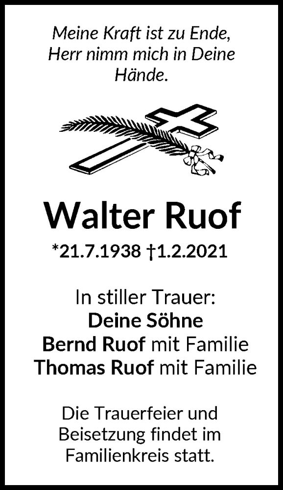  Traueranzeige für Walter Ruof vom 06.02.2021 aus Waiblinger Kreiszeitung