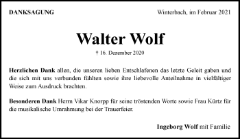 Traueranzeige von Walter Wolf von Waiblinger Kreiszeitung