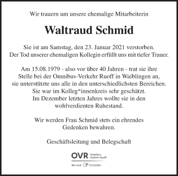 Traueranzeige von Waltraud Schmid von Waiblinger Kreiszeitung