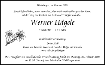 Traueranzeige von Werner Hägele von Waiblinger Kreiszeitung