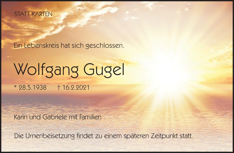 Traueranzeige für Wolfgang Gugel vom 20.02.2021 aus Waiblinger Kreiszeitung