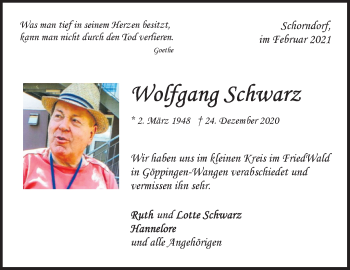 Traueranzeige von Wolfgang Schwarz von Waiblinger Kreiszeitung