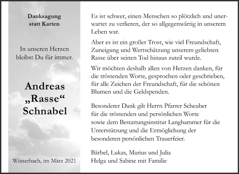  Traueranzeige für Andreas Schnabel vom 13.03.2021 aus Waiblinger Kreiszeitung