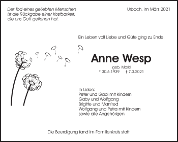 Traueranzeige von Anne Wesp von Waiblinger Kreiszeitung