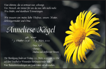 Traueranzeige von Anneliese Kögel von Waiblinger Kreiszeitung