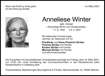 Traueranzeige von Anneliese Winter von Waiblinger Kreiszeitung