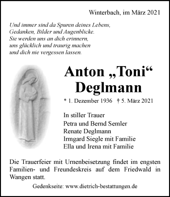 Traueranzeige von Anton Deglmann von Waiblinger Kreiszeitung