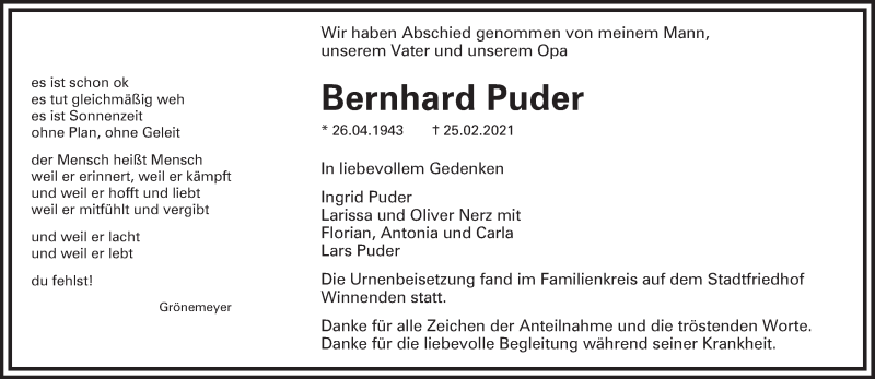  Traueranzeige für Bernhard Puder vom 13.03.2021 aus Waiblinger Kreiszeitung