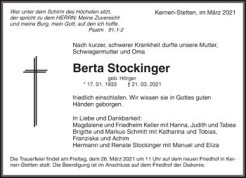 Traueranzeige von Berta Stockinger von Waiblinger Kreiszeitung