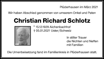 Traueranzeige von Christian Richard Schlotz von Waiblinger Kreiszeitung