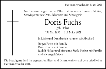 Traueranzeige von Doris Fuchs von Waiblinger Kreiszeitung