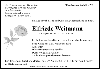 Traueranzeige von Elfriede Weitmann von Waiblinger Kreiszeitung