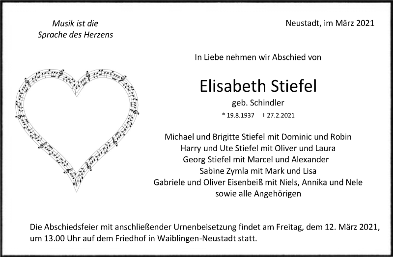 Traueranzeige für Elisabeth Stiefel vom 06.03.2021 aus Waiblinger Kreiszeitung