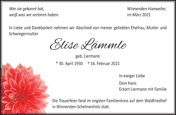 Traueranzeige von Elise Lämmle von Waiblinger Kreiszeitung