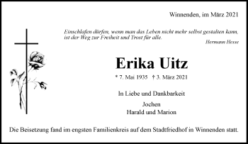 Traueranzeige von Erika Uitz von Waiblinger Kreiszeitung