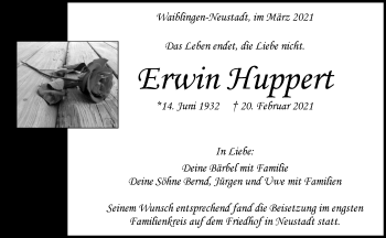 Traueranzeige von Erwin Huppert von Waiblinger Kreiszeitung
